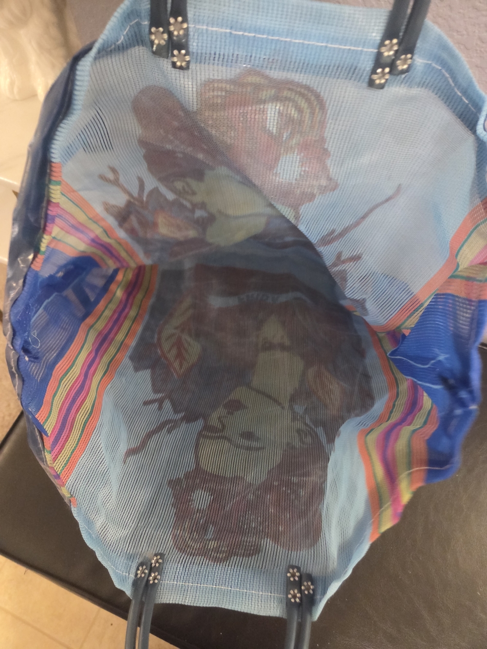 Upcycled Frida Kahlo Inspired Large Blue Striped Tote - Picture 3 of 9